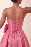 Strapless Navy A-Line Corset Lace Up Back Cocktail Dress with Bow