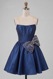 Strapless Navy A-Line Corset Lace Up Back Cocktail Dress with Bow