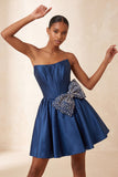 Strapless Navy A-Line Corset Lace Up Back Cocktail Dress with Bow