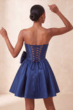Strapless Navy A-Line Corset Lace Up Back Cocktail Dress with Bow