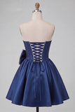 Strapless Navy A-Line Corset Lace Up Back Cocktail Dress with Bow
