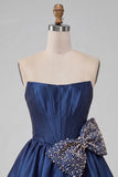 Strapless Navy A-Line Corset Lace Up Back Cocktail Dress with Bow