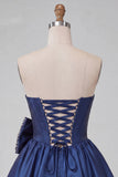 Strapless Navy A-Line Corset Lace Up Back Cocktail Dress with Bow