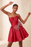 Strapless Navy A-Line Corset Lace Up Back Cocktail Dress with Bow