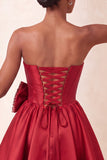 Strapless Navy A-Line Corset Lace Up Back Cocktail Dress with Bow