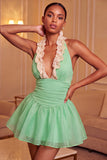 Yellow Halter A-Line Ruffled Mini Party Dress with Lace Up Back