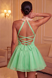 Yellow Halter A-Line Ruffled Mini Party Dress with Lace Up Back