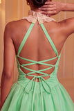 Yellow Halter A-Line Ruffled Mini Party Dress with Lace Up Back