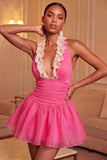 Yellow Halter A-Line Ruffled Mini Party Dress with Lace Up Back