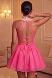 Yellow Halter A-Line Ruffled Mini Party Dress with Lace Up Back