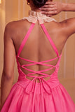 Yellow Halter A-Line Ruffled Mini Party Dress with Lace Up Back