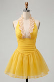 Yellow Halter A-Line Ruffled Mini Party Dress with Lace Up Back