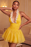 Yellow Halter A-Line Ruffled Mini Party Dress with Lace Up Back
