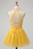 Yellow Halter A-Line Ruffled Mini Party Dress with Lace Up Back