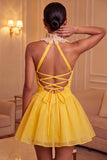 Yellow Halter A-Line Ruffled Mini Party Dress with Lace Up Back