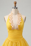 Yellow Halter A-Line Ruffled Mini Party Dress with Lace Up Back