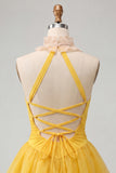 Yellow Halter A-Line Ruffled Mini Party Dress with Lace Up Back