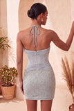 Navy Halter Beaded Bodycon Corset Cocktail Dress with Keyhole