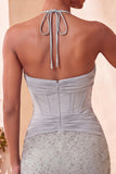 Navy Halter Beaded Bodycon Corset Cocktail Dress with Keyhole