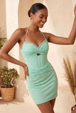 Navy Halter Beaded Bodycon Corset Cocktail Dress with Keyhole