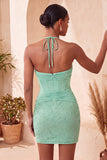 Navy Halter Beaded Bodycon Corset Cocktail Dress with Keyhole