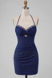 Navy Halter Beaded Bodycon Corset Cocktail Dress with Keyhole