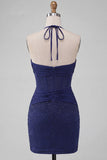 Navy Halter Beaded Bodycon Corset Cocktail Dress with Keyhole