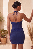 Navy Halter Beaded Bodycon Corset Cocktail Dress with Keyhole