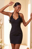 Black Bodycon Halter Lace Up Back Cocktail Dress with Ruffles