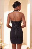 Black Bodycon Halter Lace Up Back Cocktail Dress with Ruffles