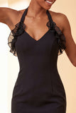 Black Bodycon Halter Lace Up Back Cocktail Dress with Ruffles