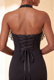 Black Bodycon Halter Lace Up Back Cocktail Dress with Ruffles