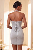 Black Bodycon Halter Lace Up Back Cocktail Dress with Ruffles