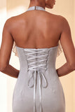 Black Bodycon Halter Lace Up Back Cocktail Dress with Ruffles