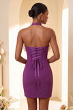 Black Bodycon Halter Lace Up Back Cocktail Dress with Ruffles