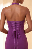 Black Bodycon Halter Lace Up Back Cocktail Dress with Ruffles