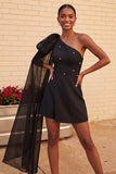 One Shoulder Dark Blue A-Line Cocktail Dress with Pearls