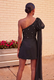 One Shoulder Dark Blue A-Line Cocktail Dress with Pearls