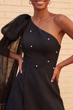 One Shoulder Dark Blue A-Line Cocktail Dress with Pearls