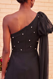 One Shoulder Dark Blue A-Line Cocktail Dress with Pearls