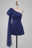 One Shoulder Dark Blue A-Line Cocktail Dress with Pearls