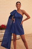One Shoulder Dark Blue A-Line Cocktail Dress with Pearls