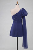 One Shoulder Dark Blue A-Line Cocktail Dress with Pearls