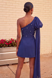One Shoulder Dark Blue A-Line Cocktail Dress with Pearls