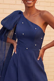 One Shoulder Dark Blue A-Line Cocktail Dress with Pearls