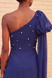 One Shoulder Dark Blue A-Line Cocktail Dress with Pearls