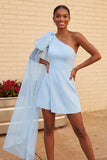 One Shoulder Dark Blue A-Line Cocktail Dress with Pearls