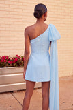 One Shoulder Dark Blue A-Line Cocktail Dress with Pearls