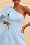 One Shoulder Dark Blue A-Line Cocktail Dress with Pearls