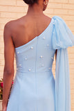 One Shoulder Dark Blue A-Line Cocktail Dress with Pearls
